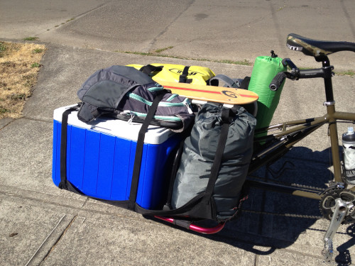 The Big Dummy cargo bike, packed with cooler and sundries for bike camping.
