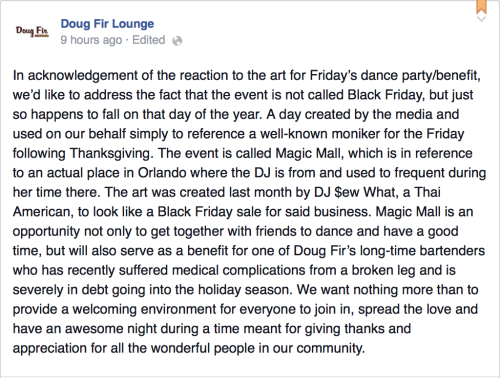 Doug Fir's response to outrage about their racist poster