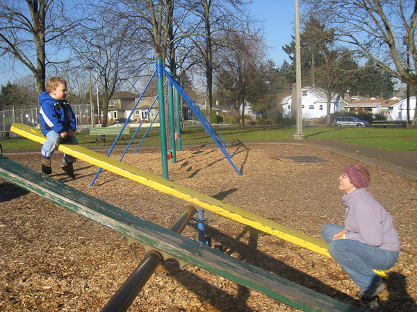 Sam and Jessie on the teeter totter at Arbor Lodge Park Dec 2008